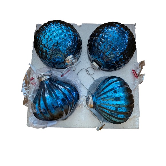 Other - Blue Mercury Glass Christmas Ornaments Set of 4 Textured Teardrop Round Holiday